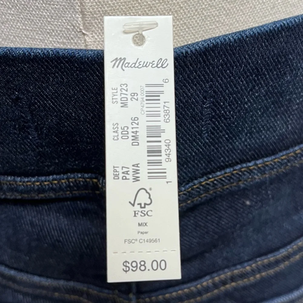 Madewell NWT Skinny Blue Jeans Sleek Fit Sz 29